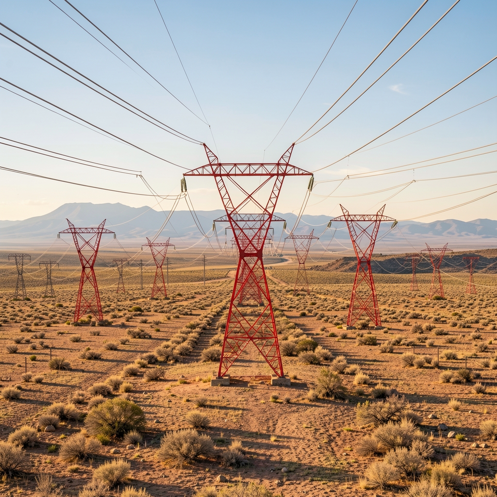 Red de transmisión eléctrica extendida sobre paisaje argentino sin personas