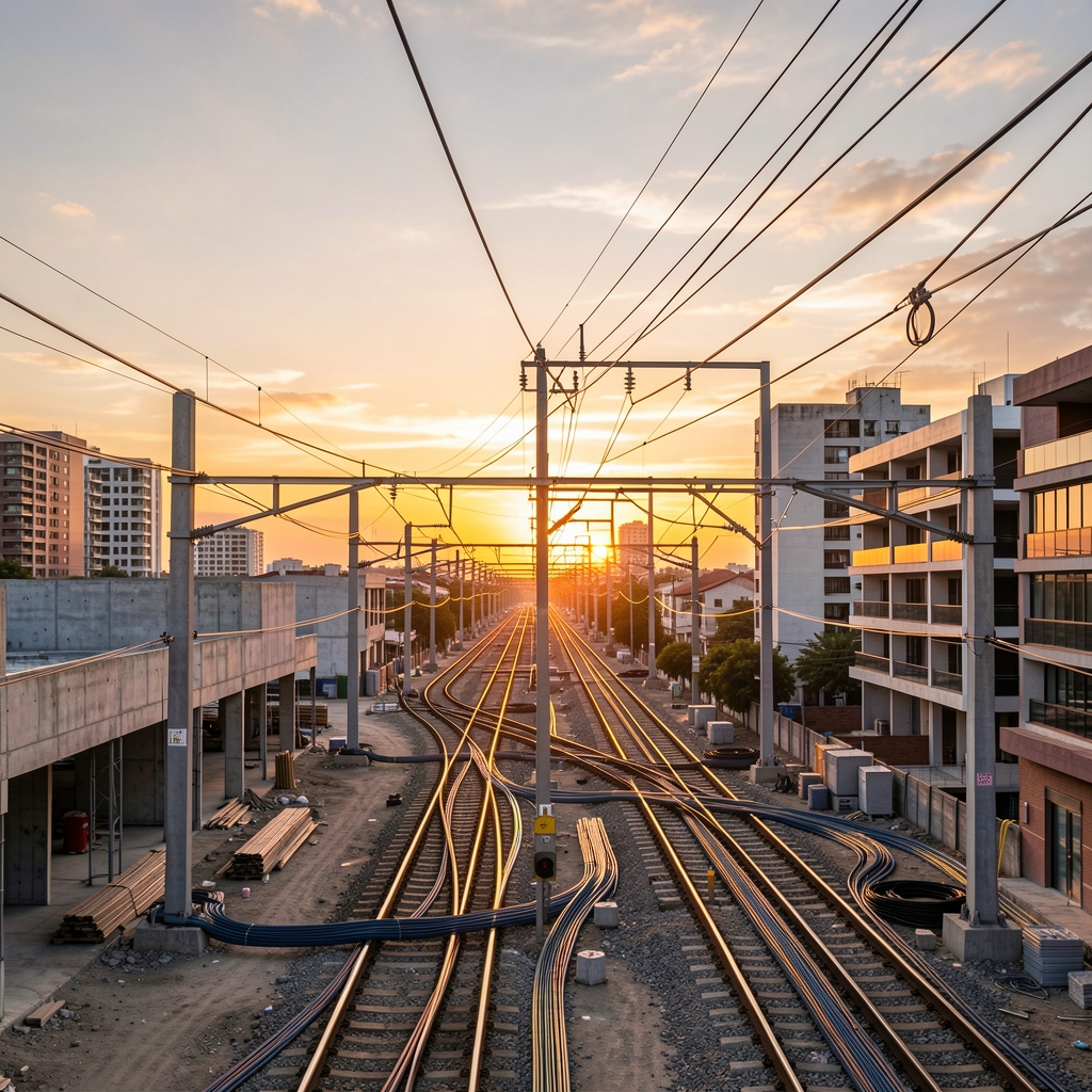 Infraestructura urbana y tendido eléctrico en Buenos Aires al atardecer sin personas