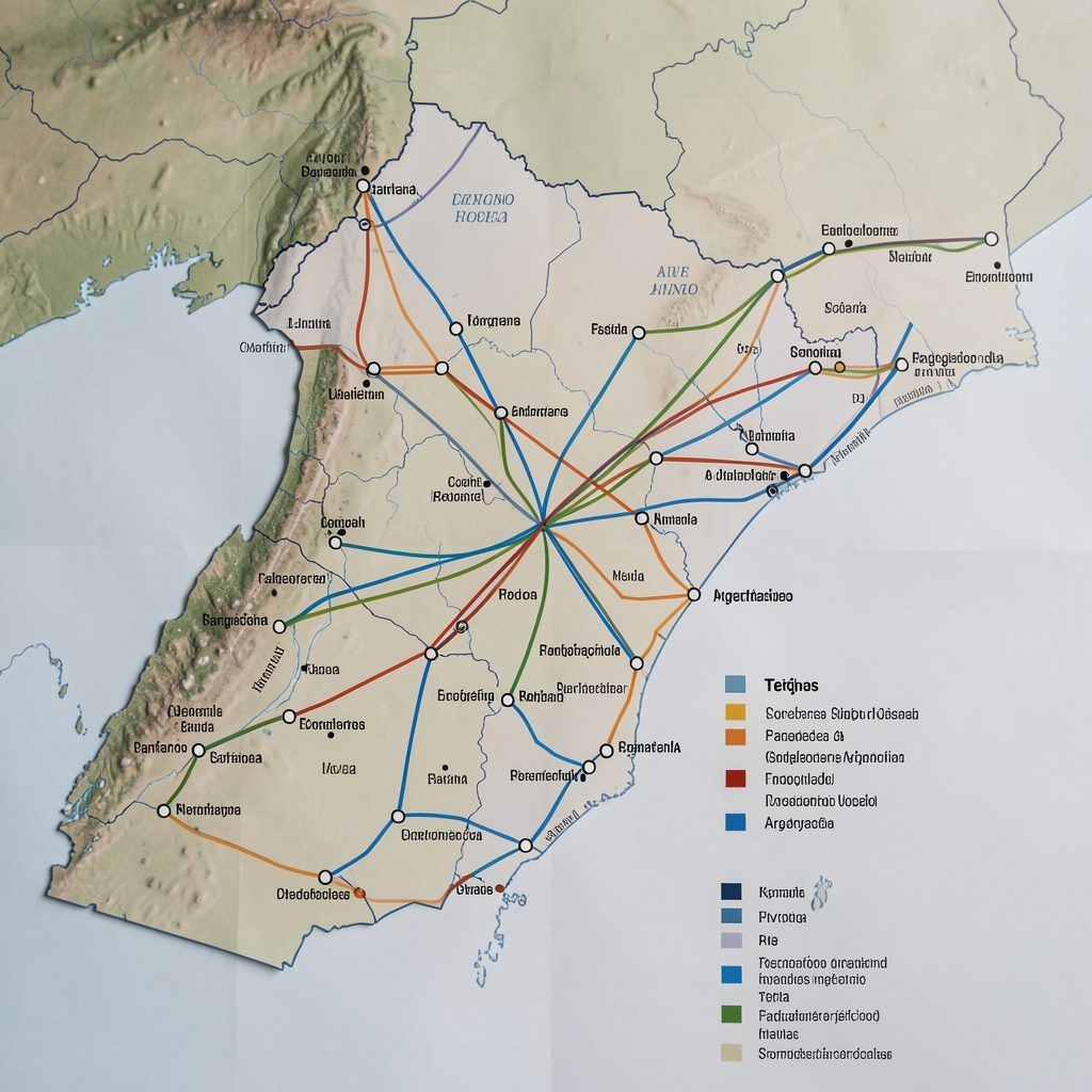 Mapa técnico de corredores energéticos argentinos junto a notas de investigación sin personas
