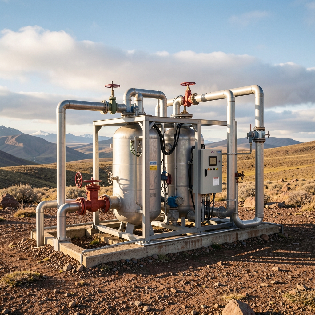 Estación compresora de gas con tuberías y válvulas en un terreno patagónico sin personas
