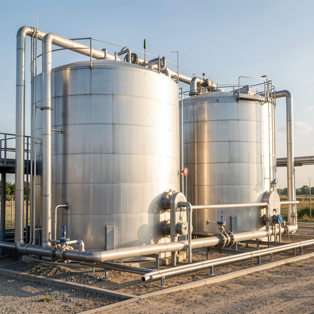 Tanques cilíndricos de almacenamiento de gas junto a tuberías industriales, sin personas