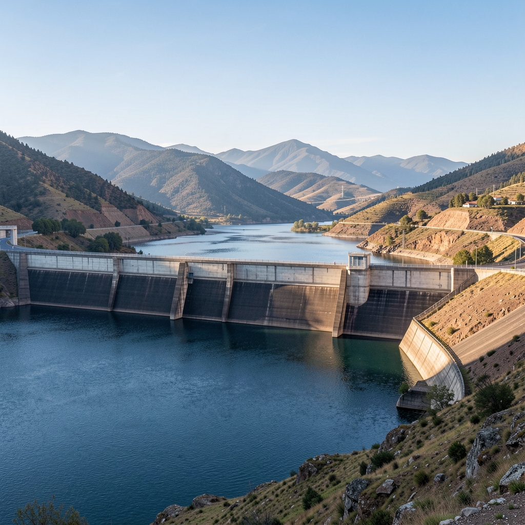 Represa hidroeléctrica con agua y montañas en Argentina sin personas