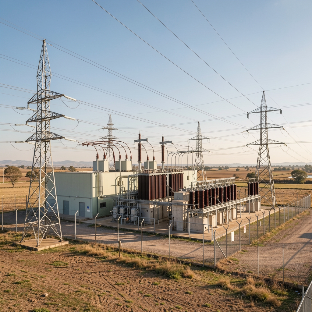 Subestación eléctrica argentina con transformadores y líneas de alta tensión en un paisaje despejado, sin personas