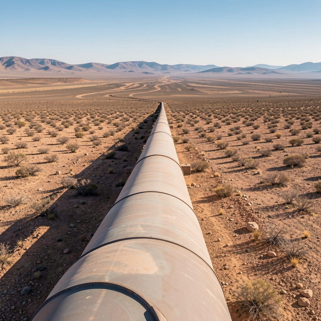 Gasoducto de gran diámetro cruzando un terreno árido de Argentina sin personas