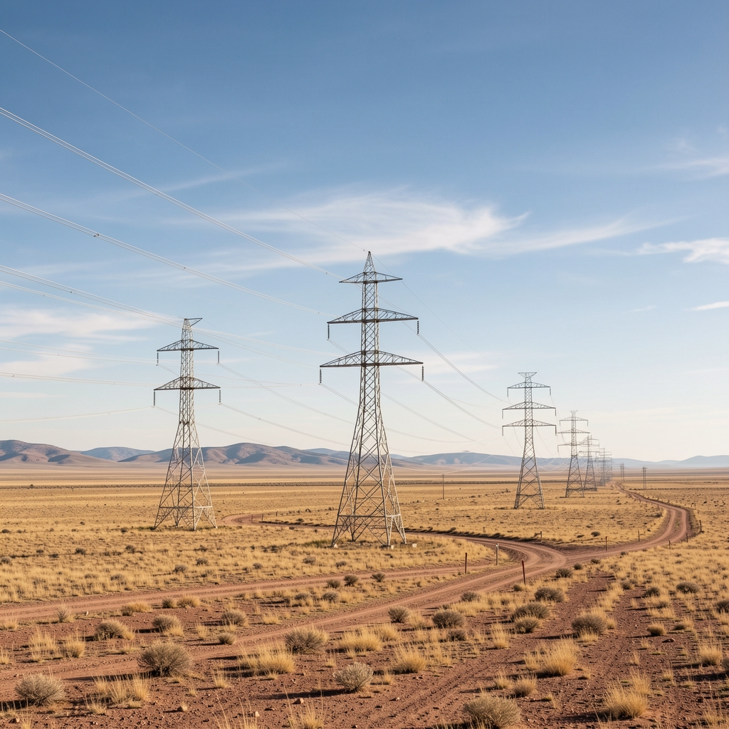 Torres de transmisión eléctrica cruzando una llanura argentina bajo un cielo amplio, sin personas