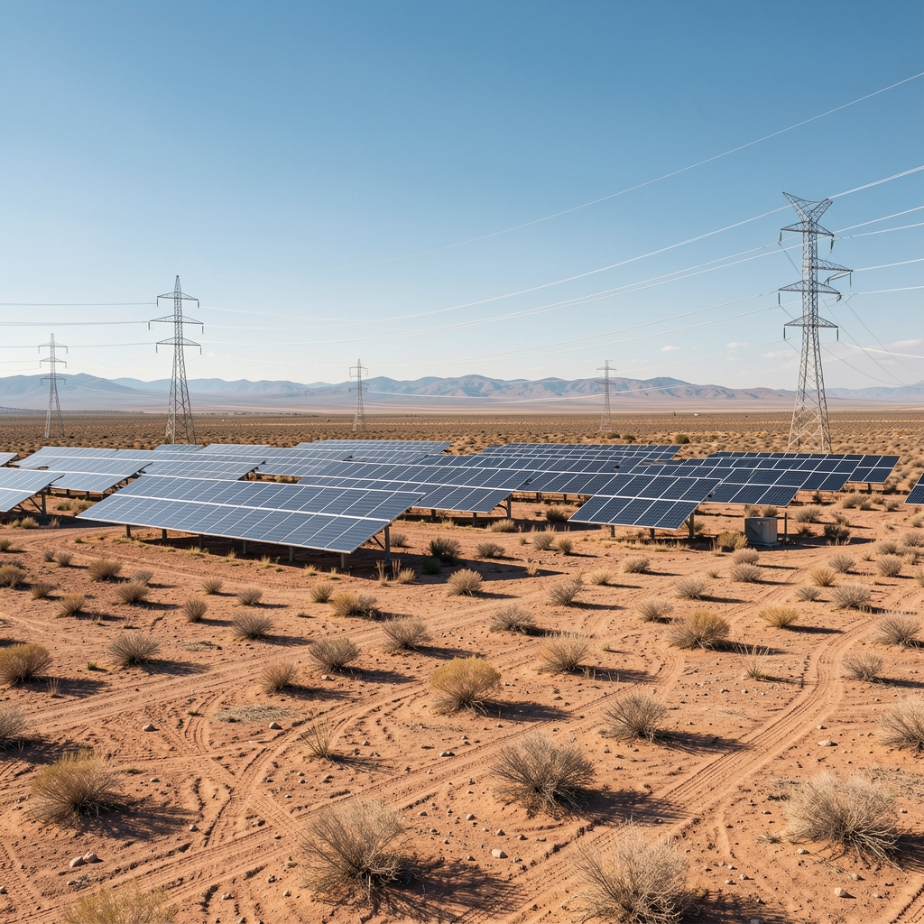 Parque solar y líneas eléctricas en una zona árida de Argentina, sin personas