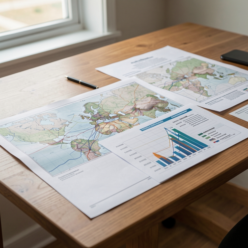Archivo de documentos técnicos y mapas energéticos sobre una mesa sin personas