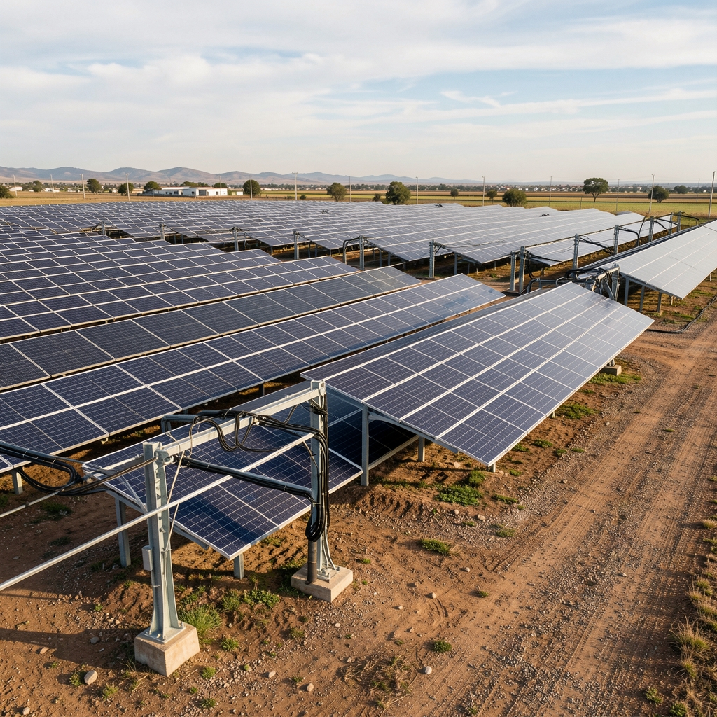 Filas de paneles solares junto a infraestructura de conexión en Argentina sin personas