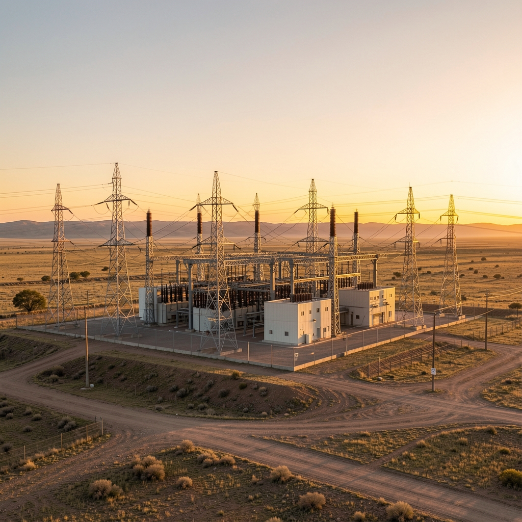 Subestación eléctrica de alta tensión al amanecer en una llanura argentina sin personas