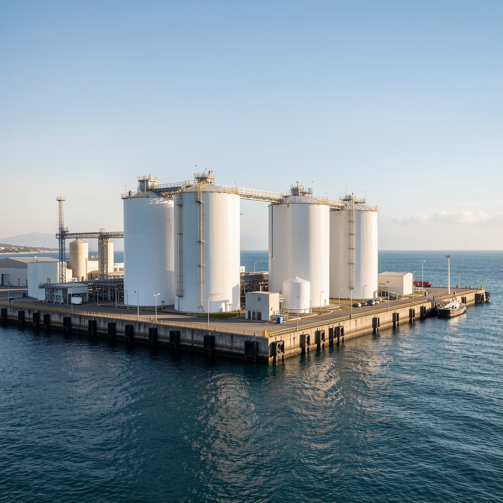 Terminal costera de energía con tanques y muelle industrial sin personas