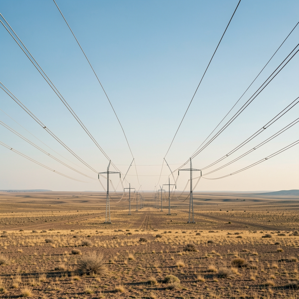 Torres y cables de una red eléctrica en una planicie amplia sin personas